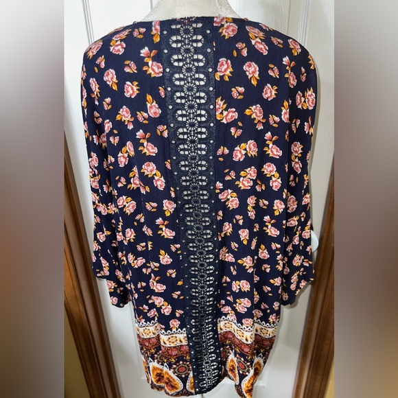 Ultra Flirt Boho Cardigan Wrap Kimono Floral Lace Back Navy Blue Size Large - Picture 3 of 4